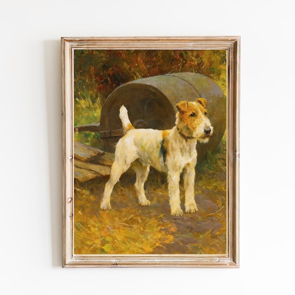 IMPRESSION D'ART | peinture à l'huile vintage Fox Terrier | Chien de chasse Fox Terrier métallique | Impression d'art mural Chiot dans un paysage d'automne