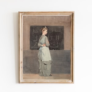 May include: A framed painting of a woman in a long dress standing in front of a chalkboard with geometric shapes drawn on it.