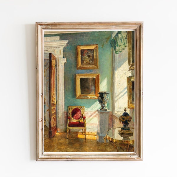 ART PRINT | Vintage Interior Scene Oil Painting | Gallery Wall Art Print | Old Masters Art | Old House Armchair Painting | Old Green Room