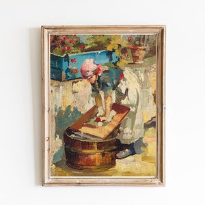 ART PRINT | Vintage Washerwoman Oil Painting | Laundry Room Wall Art | Antique Female Art | Laundry Day Art | Clothes Line | Impressionist