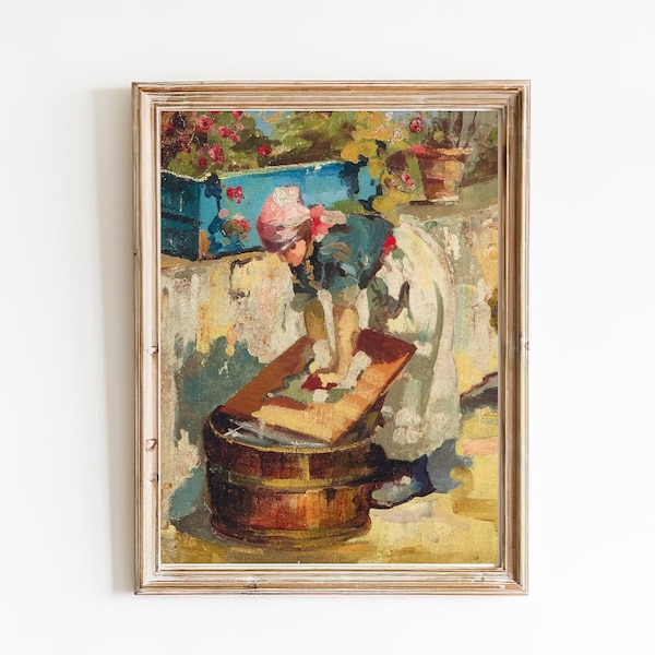KUNSTDRUCK | Waschfrau Ölgemälde | Waschküche Wandkunst | Antike weibliche Kunst | Waschtag Kunst | Wäscheleine | Impressionist