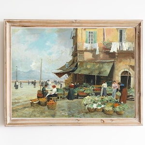 ART PRINT | Vintage Street Market Scene Oil Painting | Naples Street Art Print | Food Market Wall Art | Antique Naples Cityscape Art