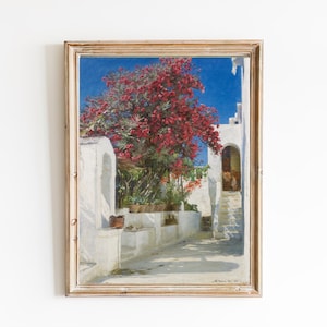 IMPRESIÓN DE ARTE / Adelfas en flor Pintura al óleo / Vintage Isla de Capri Italia Costa Obras de arte / Arquitectura mediterránea