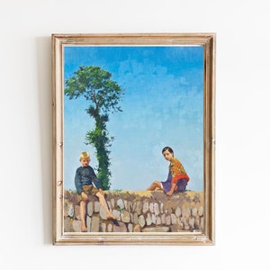 ART PRINT | Children Sitting on a Wall Oil Painting | Brother and Sister Print | Vintage Childhood Art | Siblings Art Print