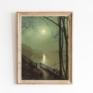ART PRINT | Vintage Moonlight on the Lake Oil Painting | Night Lake Scenery Wall Art Print | Moon Reflection on the Lake