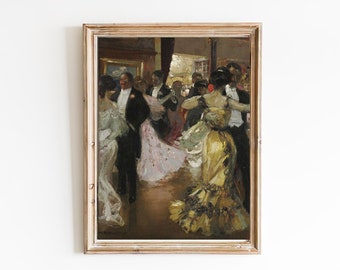 May include: A framed oil painting depicting a group of people in formal attire dancing at a social gathering. The painting features a warm colour palette with shades of brown, gold, and pink. The figures are arranged in a dynamic composition, capturing the energy and excitement of the event.