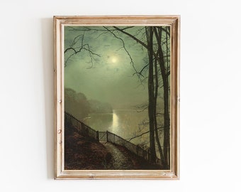 ART PRINT | Vintage Moonlight on the Lake Oil Painting | Night Lake Scenery Wall Art Print | Moon Reflection on the Lake