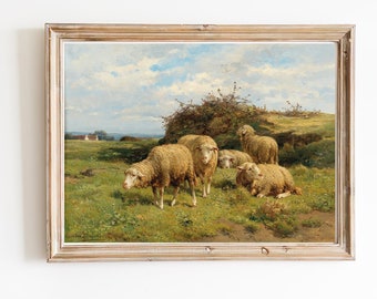 ART PRINT | Vintage Farm Animals Oil Painting | Sheep in a Meadow Art | Farmhouse Decor | Classic Country Landscape Wall Art