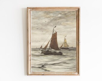 以下が含まれることがあります： 荒れた海に3隻の帆船を描いた額装された水彩画。空は薄暗いグレーで、かすかな雲がかかっている。帆船は茶色と白で、赤い帆をしている。