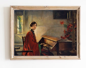 ART PRINT | Woman Playing Piano Oil Painting | Piano Player Wall Art | Musical Instrument Art Print | Vintage Woman Portrait | Interior Art
