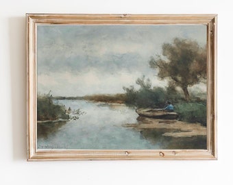 ART PRINT | Vintage Riverscape Oil Painting | River Landscape | Nature Art | River Painting | Boat Home Decor | Riverbank Art |Fisherman Art