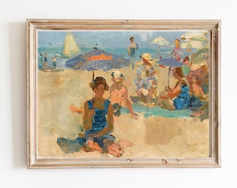 ART PRINT | A Sunny Day of the Beach Print | Vintage Beach Oil Painting | Coastal Decor | Sunbathers Art Beach Scene Artwork