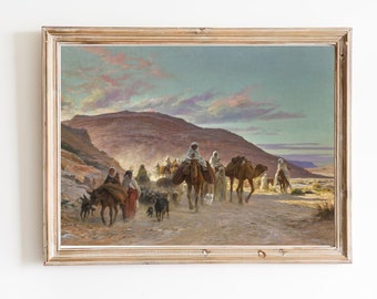 IMPRESSION D'ART | Caravane de chameaux traversant les dunes de sable du désert du Sahara | Peinture à l'huile marocaine antique | Art orientaliste | Art arabe