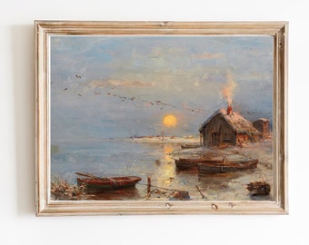 Vintage Coastal Art Print | Fisherman Village Seascape Painting