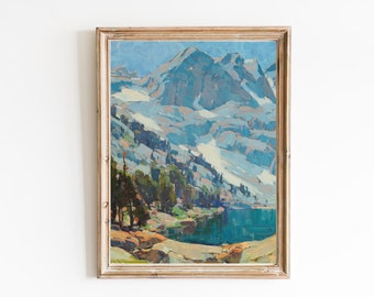 ART PRINT | Mountain Lake Landscape Oil Painting | Vintage Landscape | Lakeside Print | Antique Oil Painting | Snowy Mountains Artwork