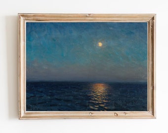 ART PRINT | Vintage Ocean at Night Oil Painting | Calm Waves Wall Art Print | Seascape  Artwork | Deep Blue Moonlit Art | Dark Seascape