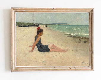 ART PRINT | Seascape Oil Painting | Girl Portrait Vintage Art | Beach Scene Print | Coastal Decor | Sunbathers Painting | Coastal Art Print