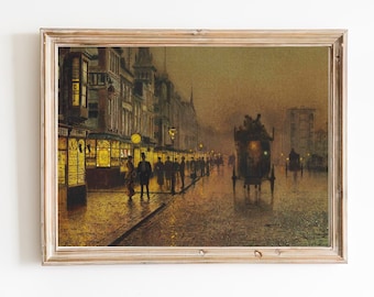 ART PRINT | Vintage Glasgow Docks at Night Oil Painting | Night City Streets Wall Art Decor | Horse Carriage Painting | Antique Artwork