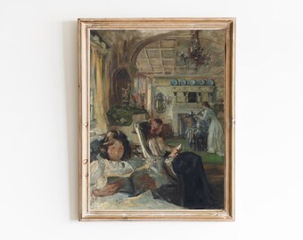 Puede incluir: Una pintura antigua enmarcada representa una escena de interior doméstico. La obra presenta figuras en una habitación con chimenea, candelabro y elementos decorativos. La paleta de colores incluye tonos cálidos, con un enfoque en las figuras y los detalles de la habitación.