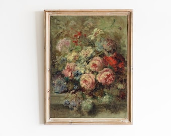 Könnte beinhalten: Ein gerahmtes Ölgemälde, das ein Stillleben mit einem Strauß aus rosa, roten und weißen Blumen in einer Vase zeigt. Die Blumen sind in einem lockeren, natürlichen Stil angeordnet, und das Gemälde ist in einem realistischen Stil ausgeführt.