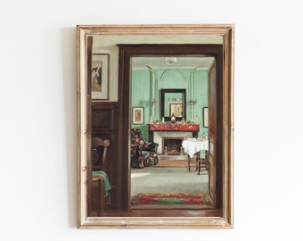 Könnte beinhalten: Gerahmtes Vintage-Gemälde, das einen Innenraum durch einen Türrahmen zeigt. Der Raum hat einen Kamin, einen Tisch, der für eine Mahlzeit gedeckt ist, und Möbel mit floralen Mustern. Die Wände sind hellgrün gestrichen.