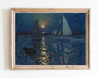 Vintage Moonlit Sailboats Art Print | Nautical Seascape Painting