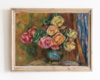 ART PRINT | Antique Roses in a Vase Oil Painting | Still Life With Flowers Wall Art Print | Farmhouse Decor | Rustic Wall Art | Roses Decor