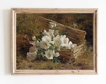 STAMPA D'ARTE / Azalee bianche e mimose in un cesto di vimini sul suolo della foresta / Stampa artistica floreale bianca / Arte di natura morta antica