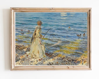 ART PRINT | Vintage Girl Fishing Wall Art | Antique Fishing Oil Painting | Impressionist Art | Lake Landscape Painting | Female Figurative