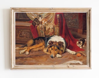 ART PRINT | Vintage Border Collie and Kittens Oil Painting | Antique Border Collie Art | Dog Lovers Gift | Classic Painting