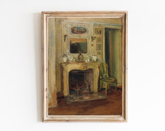 Vintage Fireplace Painting Art Print | Farmhouse Decor