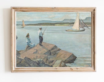 ART PRINT | Fishing on the Lake Edge Oil Painting | Vintage Lake Painting | Childhood Art Print | Boy and Girl Painting