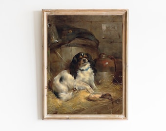 Vintage King Charles Spaniel Oil Painting Art Print