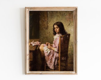 ART PRINT  | Little Girl Wall Art | Vintage Children Portrait | Antique Child Oil Painting | Girl in Pink Dress Wall Art | Interior Scene