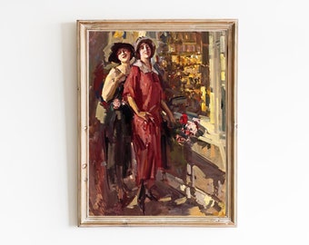 ART PRINT | Vintage Fashion Wall Art Print | Two Girls at the Window Oil Painting | Female Figurative Artwork | Classic  Portrait