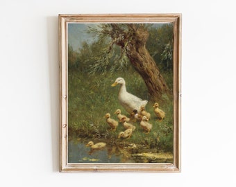 IMPRESSION D'ART | Peinture à l’huile d’oie et d’oison | Décor d’art mural d’oie blanche | Peinture jaune de bébé oison | Décor de pépinière d’animaux de ferme