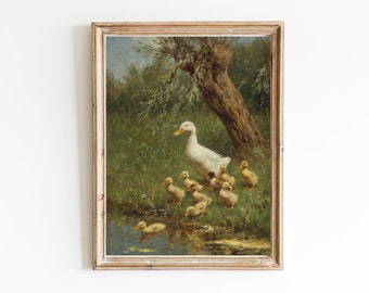 ART PRINT | Goose and Gosling Oil Painting | White Goose Wall Art Decor | Yellow Baby Gosling Painting | Farm Animal Nursery Decor