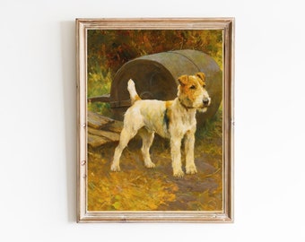 ART PRINT | Vintage Fox Terrier Oil Painting | Wire Fox Terrier Hunting Dog |  Puppy Pet in Autumn Landscape Wall Art Print