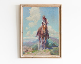 ART PRINT | Vintage Western Oil Painting | Antique Horse Print | Horseman Art | Cowboy and Horse Print | Wild West Print | American Painting