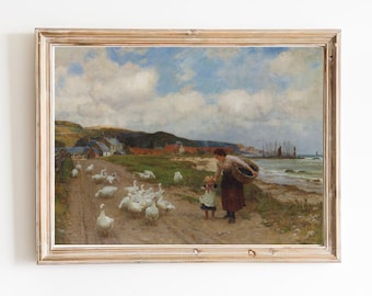 Impression d'art de peinture à l'huile de campagne | Mère, enfant, oies