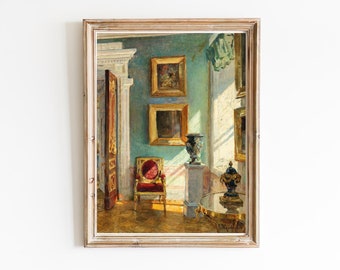 ART PRINT | Vintage Interior Scene Oil Painting | Gallery Wall Art Print | Old Masters Art | Old House Armchair Painting | Old Green Room