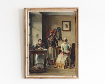 Puede incluir: Una pintura al óleo enmarcada que representa a tres mujeres en una habitación. La mujer de la izquierda está sentada a una mesa y parece estar escribiendo. La mujer del centro está de pie y mirando a la mujer de la derecha, que está sentada en una silla. La pintura está ambientada en una habitación con una ventana y una puerta. Las paredes están pintadas de un color beige claro. La pintura está enmarcada en un sencillo marco de madera.