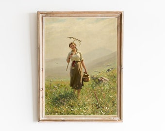 アートプリント | 野原の少女の油絵 | ヴィンテージの女性比喩画