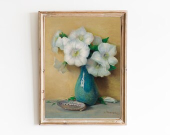 FREE SHIPPING | Art Print | White Flowers Oil Painting | Vintage Flower Still Life | Botanical Art | Vintage Prints | Antique Still Life Art