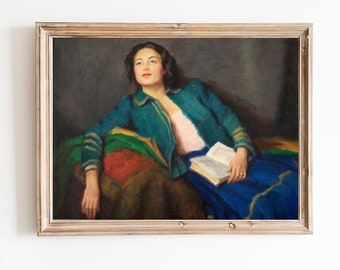 ART PRINT | Woman Reading Book Oil Painting | Girl in Blue Art Print | Book Lovers Gift | Classic Woman Portrait |Female Figurative Art