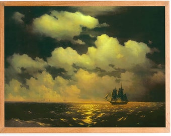 ART PRINT | Vintage Ship Painting | Seascape Painting at Night  | Nautical Wall Art | Dark Seas 19th Century Art | Ocean Waves at Night Art