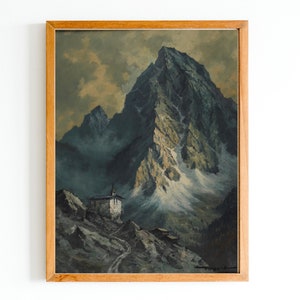 ART PRINT | Vintage Mountains Oil Painting | House in Mountain Landscape Wall Art | Lonely House Artwork | Dark Painting