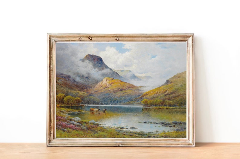 Mountain Lake Painting Mountain Landscape Art FREE SHIPPING Cow Herd Oil Painting Farmhouse Decor