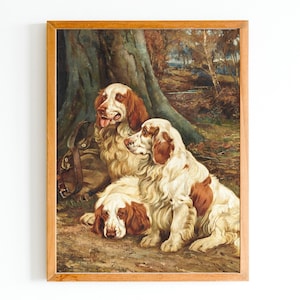 ART PRINT | Vintage Clumber Spaniel Oil Painting | Portrait of Three Dogs Art Print | Antique Spaniel Artwork | Kids Room | Farmhouse Decor