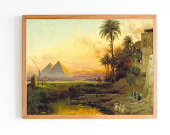 IMPRESSION D'ART | Peinture à l’huile de paysage de l’Egypte ancienne | Cavalier de chameau en Egypte Art | Peinture des pyramides égyptiennes | Paysage désertique | Art du palmier